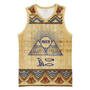 Aker Ancient Egyptian Basketball Jersey with Hieroglyphic Pattern, Pyramid Symbol, and Twin Lion Guardians Motif - African Pride