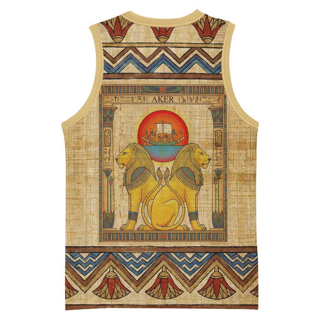 Aker Ancient Egyptian Basketball Jersey with Hieroglyphic Pattern, Pyramid Symbol, and Twin Lion Guardians Motif - African Pride