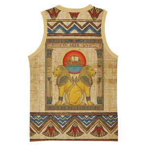 Aker Ancient Egyptian Basketball Jersey with Hieroglyphic Pattern, Pyramid Symbol, and Twin Lion Guardians Motif - African Pride