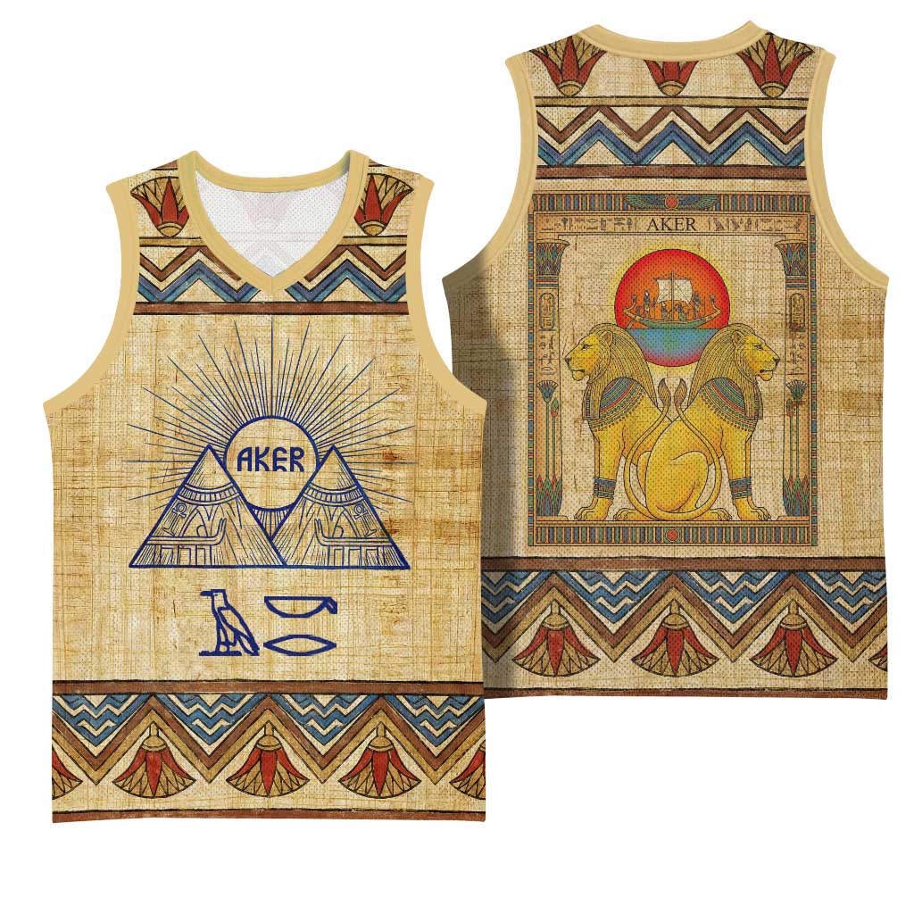 Aker Ancient Egyptian Basketball Jersey with Hieroglyphic Pattern, Pyramid Symbol, and Twin Lion Guardians Motif - African Pride