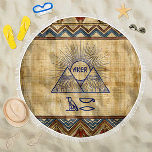 Aker Ancient Egyptian Beach Blanket with Hieroglyphic Pattern, Pyramid Symbol, and Twin Lion Guardians Motif - African Pride