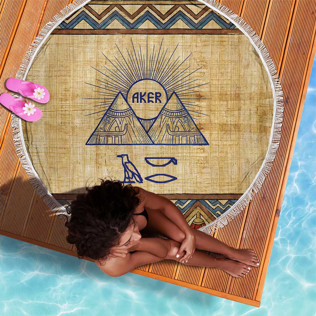 Aker Ancient Egyptian Beach Blanket with Hieroglyphic Pattern, Pyramid Symbol, and Twin Lion Guardians Motif - African Pride