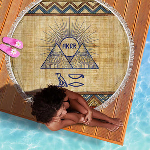 Aker Ancient Egyptian Beach Blanket with Hieroglyphic Pattern, Pyramid Symbol, and Twin Lion Guardians Motif - African Pride