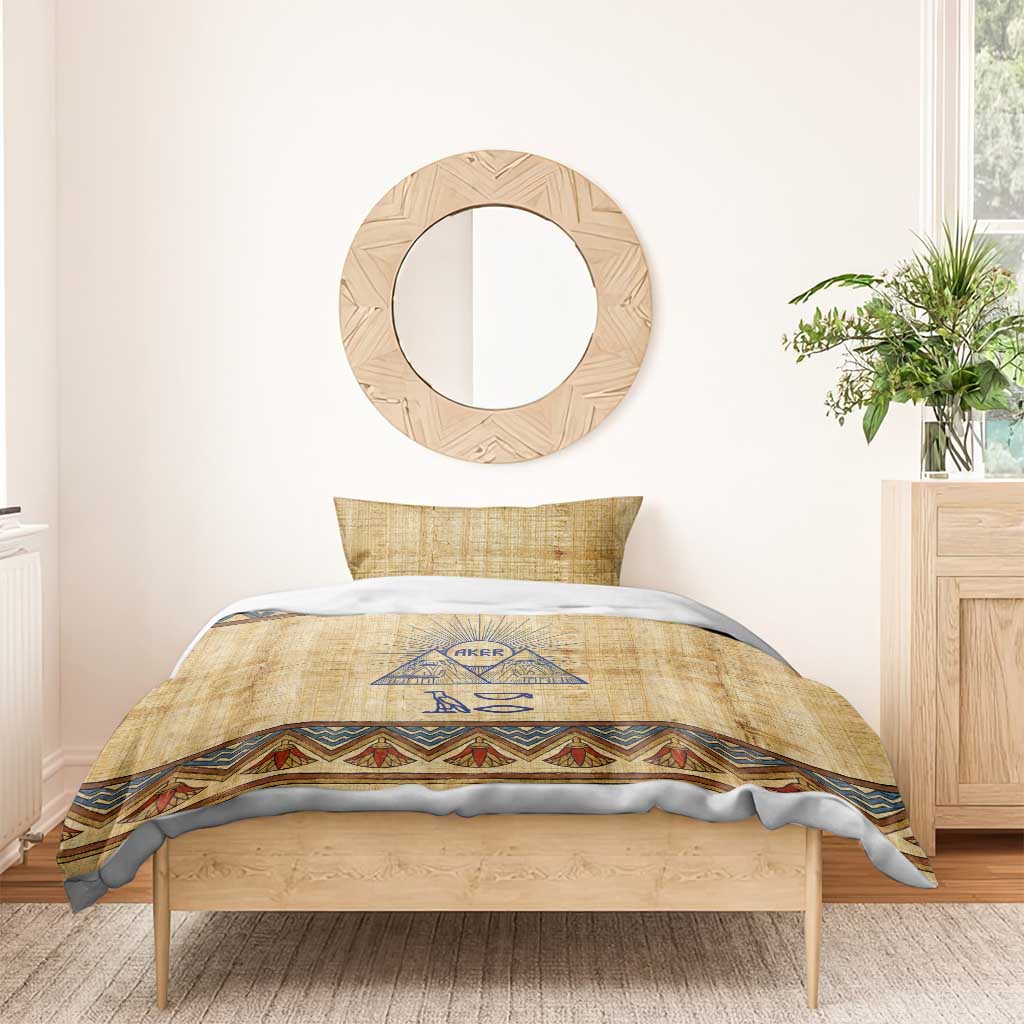 Aker Ancient Egyptian Bedding Set with Hieroglyphic Pattern, Pyramid Symbol, and Twin Lion Guardians Motif - African Pride