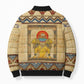 Aker Ancient Egyptian Bomber Puffer Jacket with Hieroglyphic Pattern, Pyramid Symbol, and Twin Lion Guardians Motif - African Pride