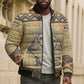 Aker Ancient Egyptian Bomber Puffer Jacket with Hieroglyphic Pattern, Pyramid Symbol, and Twin Lion Guardians Motif - African Pride