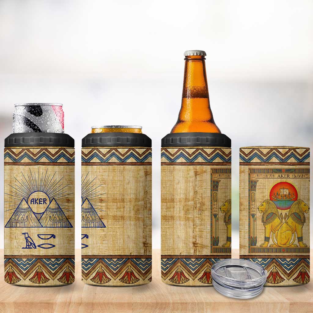 Aker Ancient Egyptian 4 in 1 Can Cooler Tumbler with Hieroglyphic Pattern, Pyramid Symbol, and Twin Lion Guardians Motif - African Pride