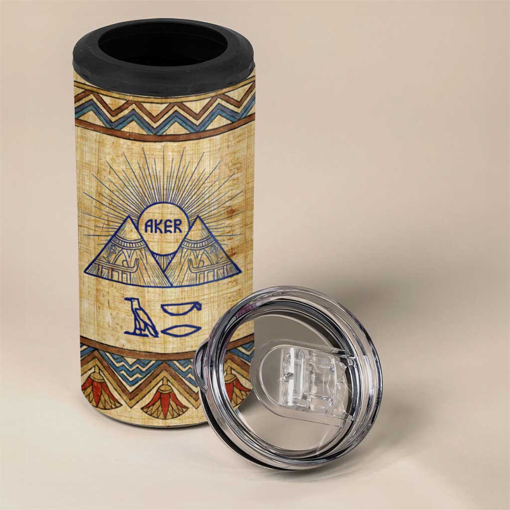 Aker Ancient Egyptian 4 in 1 Can Cooler Tumbler with Hieroglyphic Pattern, Pyramid Symbol, and Twin Lion Guardians Motif - African Pride