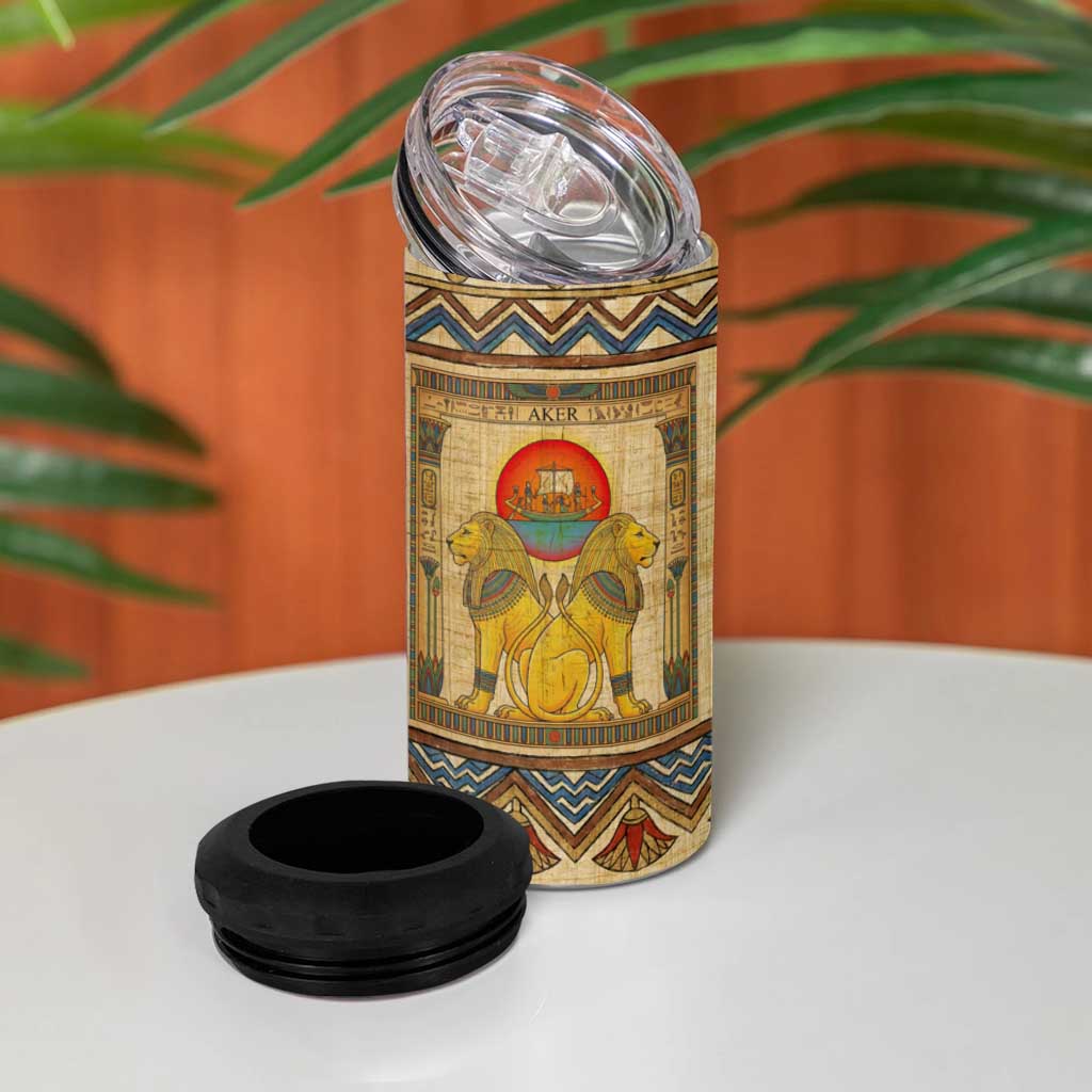 Aker Ancient Egyptian 4 in 1 Can Cooler Tumbler with Hieroglyphic Pattern, Pyramid Symbol, and Twin Lion Guardians Motif - African Pride