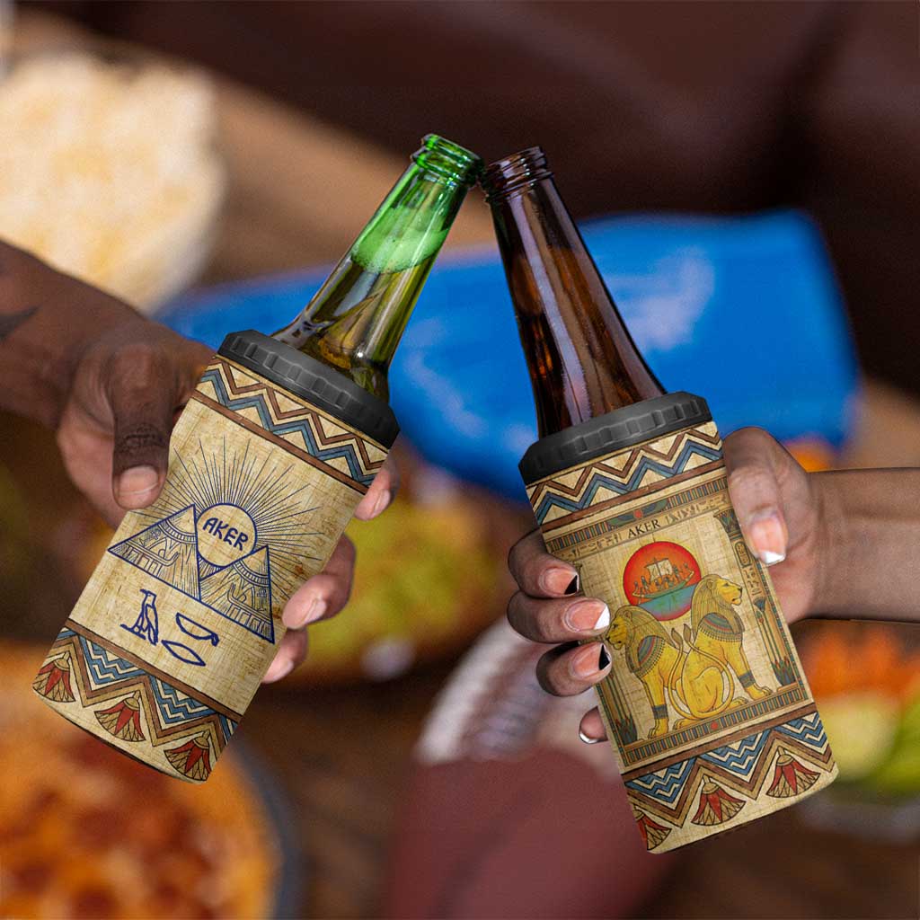 Aker Ancient Egyptian 4 in 1 Can Cooler Tumbler with Hieroglyphic Pattern, Pyramid Symbol, and Twin Lion Guardians Motif - African Pride