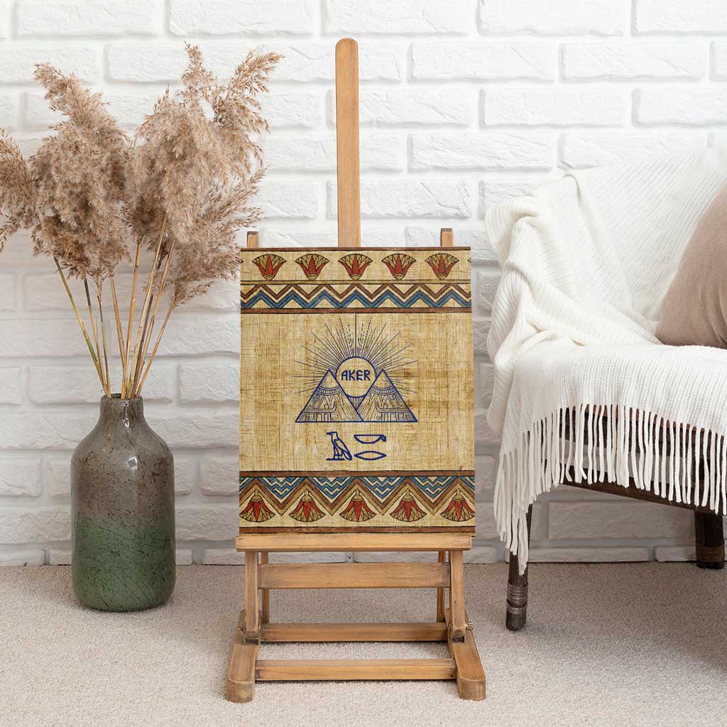 Aker Ancient Egyptian Canvas Wall Art with Hieroglyphic Pattern, Pyramid Symbol, and Twin Lion Guardians Motif - African Pride