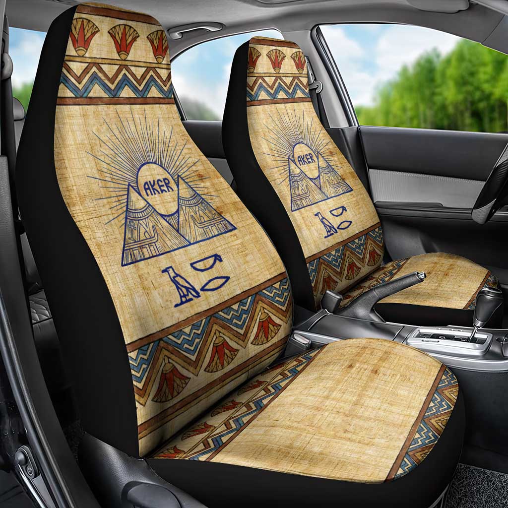 Aker Ancient Egyptian Car Seat Cover with Hieroglyphic Pattern, Pyramid Symbol, and Twin Lion Guardians Motif - African Pride