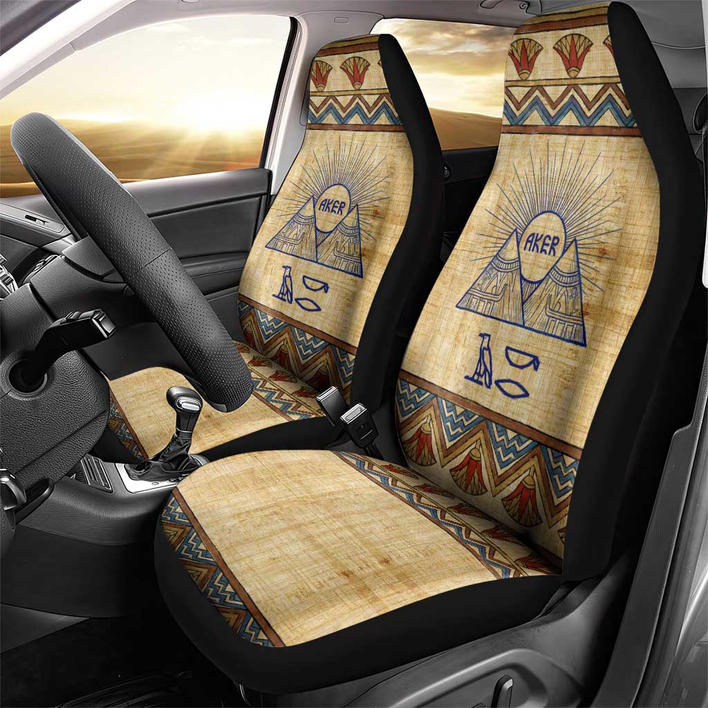 Aker Ancient Egyptian Car Seat Cover with Hieroglyphic Pattern, Pyramid Symbol, and Twin Lion Guardians Motif - African Pride