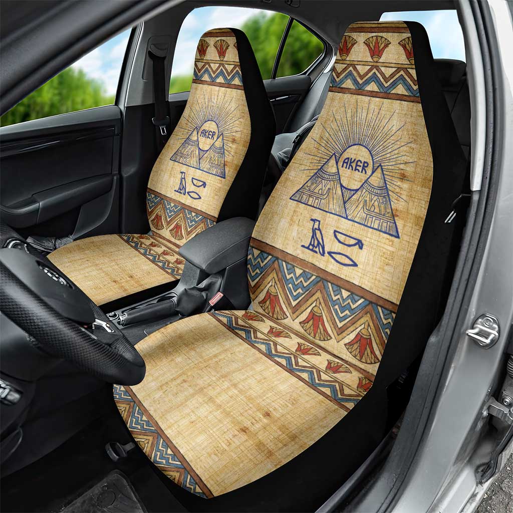 Aker Ancient Egyptian Car Seat Cover with Hieroglyphic Pattern, Pyramid Symbol, and Twin Lion Guardians Motif - African Pride