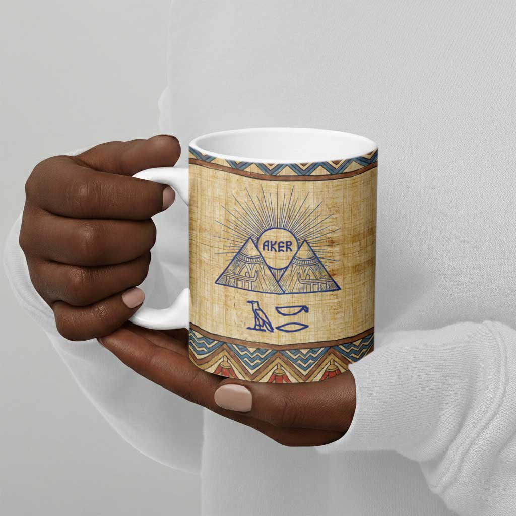 Aker Ancient Egyptian Ceramic Mug with Hieroglyphic Pattern, Pyramid Symbol, and Twin Lion Guardians Motif - African Pride