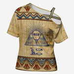 Aker Ancient Egyptian Cross Shoulder Shirt with Hieroglyphic Pattern, Pyramid Symbol, and Twin Lion Guardians Motif - African Pride