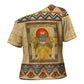 Aker Ancient Egyptian Cross Shoulder Shirt with Hieroglyphic Pattern, Pyramid Symbol, and Twin Lion Guardians Motif - African Pride