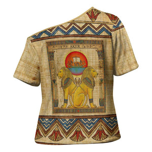 Aker Ancient Egyptian Cross Shoulder Shirt with Hieroglyphic Pattern, Pyramid Symbol, and Twin Lion Guardians Motif - African Pride