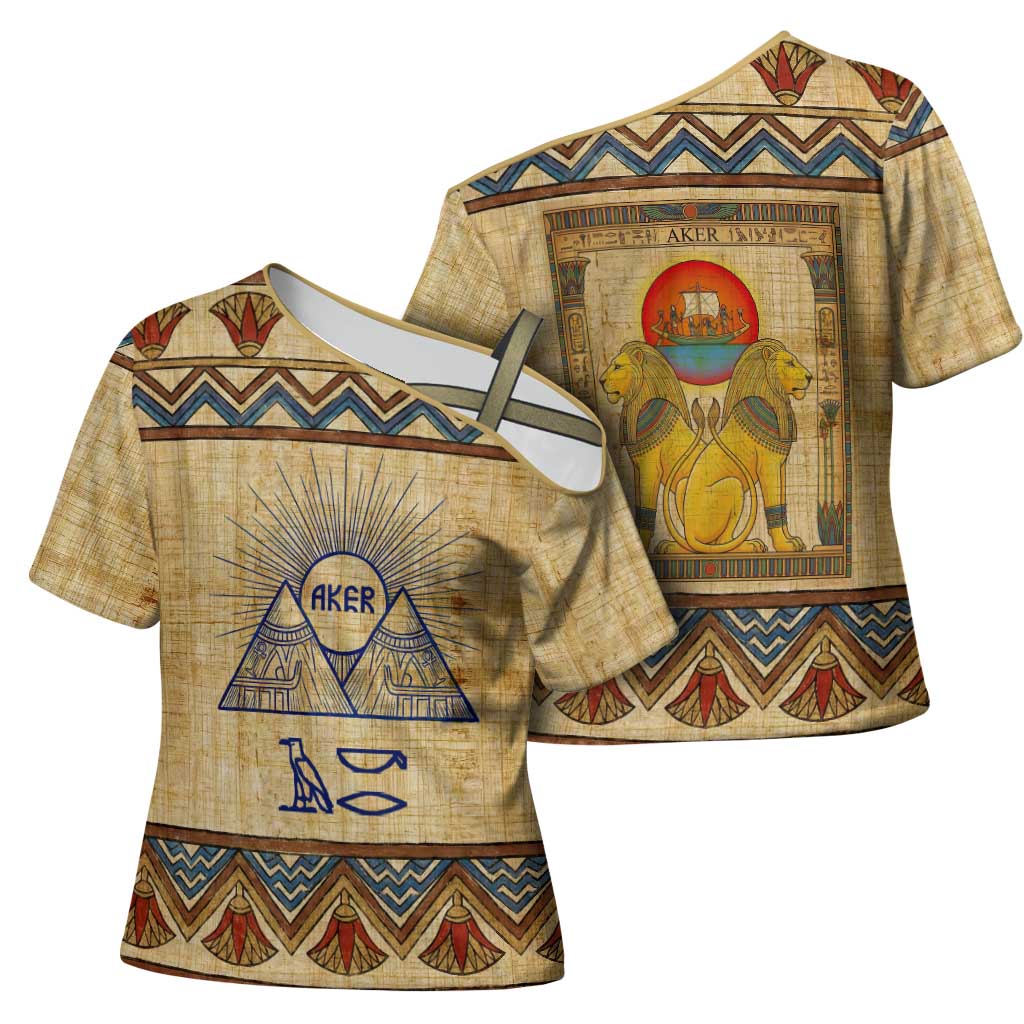 Aker Ancient Egyptian Cross Shoulder Shirt with Hieroglyphic Pattern, Pyramid Symbol, and Twin Lion Guardians Motif - African Pride