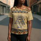 Aker Ancient Egyptian Cross Shoulder Shirt with Hieroglyphic Pattern, Pyramid Symbol, and Twin Lion Guardians Motif - African Pride