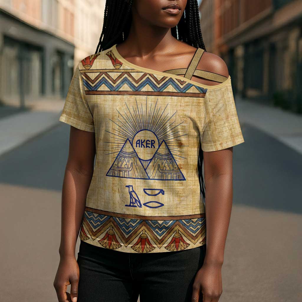 Aker Ancient Egyptian Cross Shoulder Shirt with Hieroglyphic Pattern, Pyramid Symbol, and Twin Lion Guardians Motif - African Pride