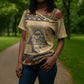 Aker Ancient Egyptian Cross Shoulder Shirt with Hieroglyphic Pattern, Pyramid Symbol, and Twin Lion Guardians Motif - African Pride