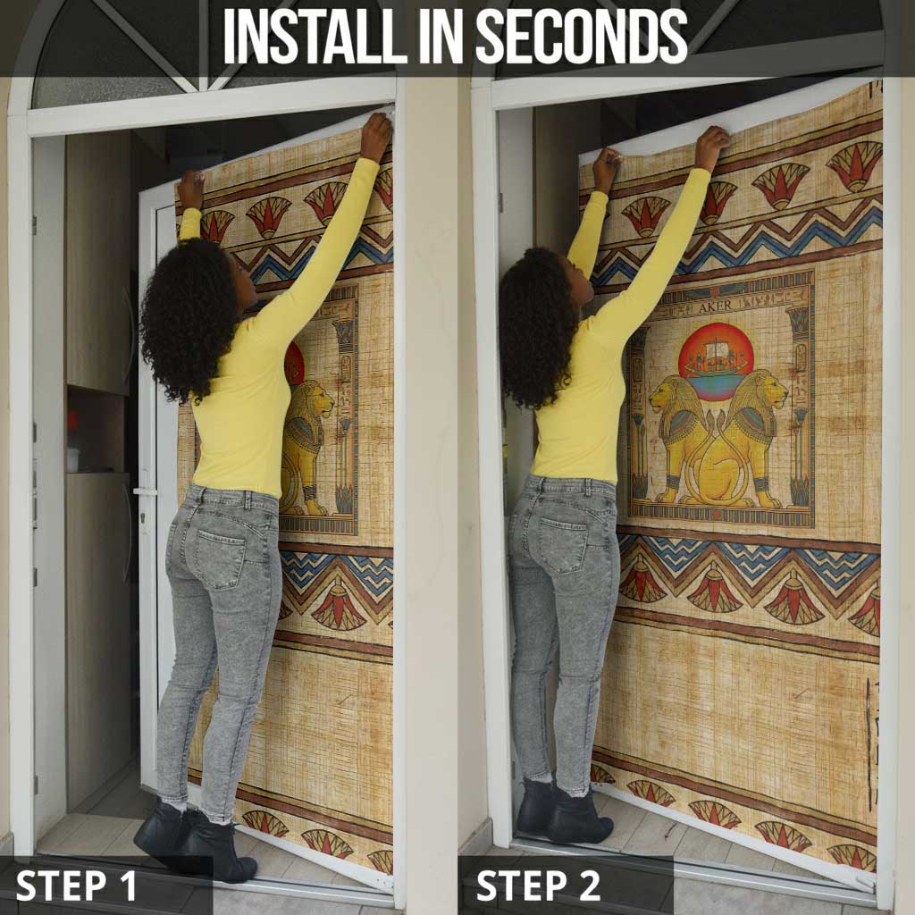 Aker Ancient Egyptian Door Cover with Hieroglyphic Pattern, Pyramid Symbol, and Twin Lion Guardians Motif - African Pride