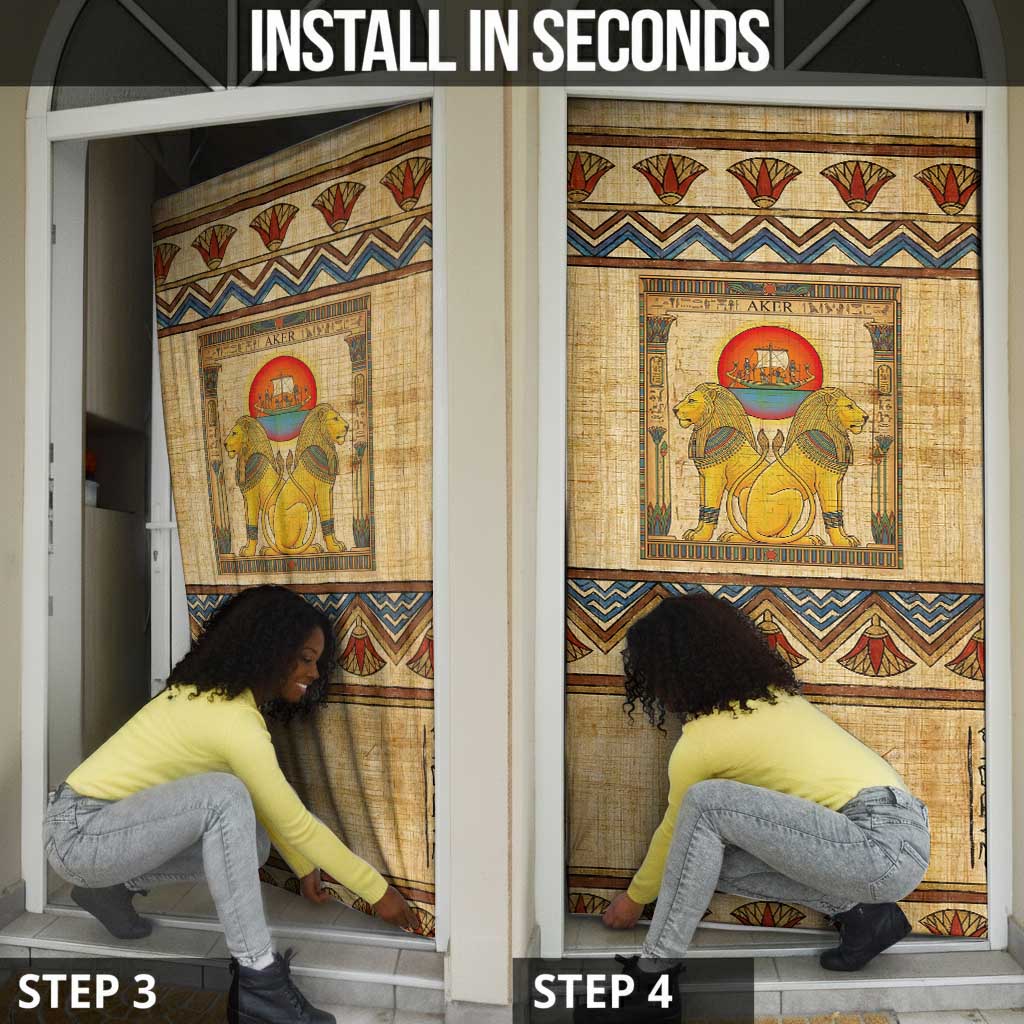 Aker Ancient Egyptian Door Cover with Hieroglyphic Pattern, Pyramid Symbol, and Twin Lion Guardians Motif - African Pride