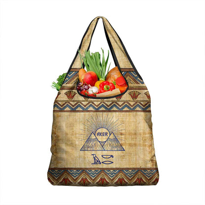 Aker Ancient Egyptian Grocery Bag with Hieroglyphic Pattern, Pyramid Symbol, and Twin Lion Guardians Motif - African Pride