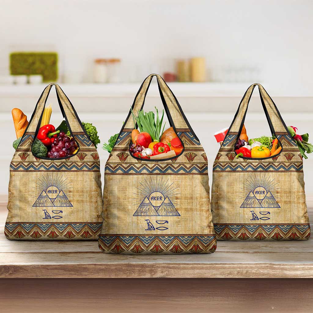 Aker Ancient Egyptian Grocery Bag with Hieroglyphic Pattern, Pyramid Symbol, and Twin Lion Guardians Motif - African Pride