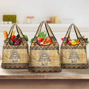 Aker Ancient Egyptian Grocery Bag with Hieroglyphic Pattern, Pyramid Symbol, and Twin Lion Guardians Motif - African Pride