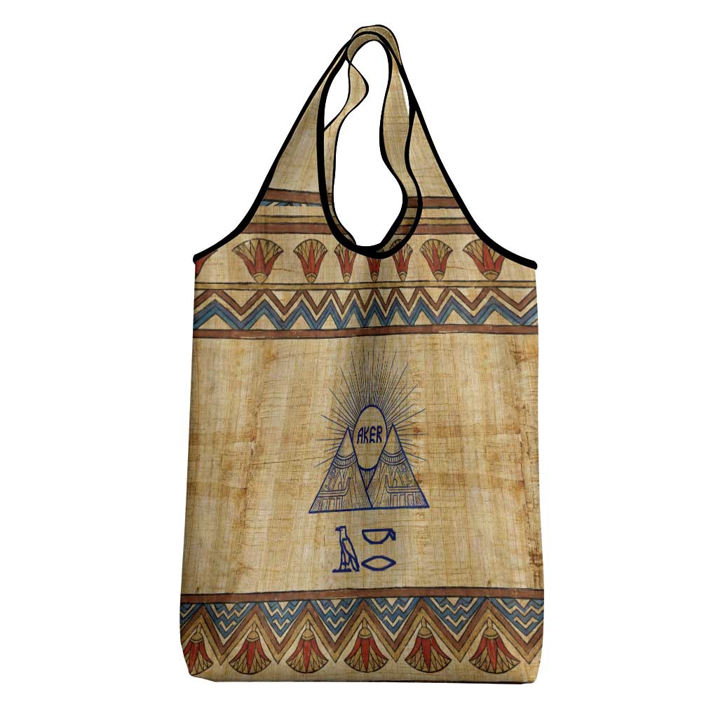 Aker Ancient Egyptian Grocery Bag with Hieroglyphic Pattern, Pyramid Symbol, and Twin Lion Guardians Motif - African Pride