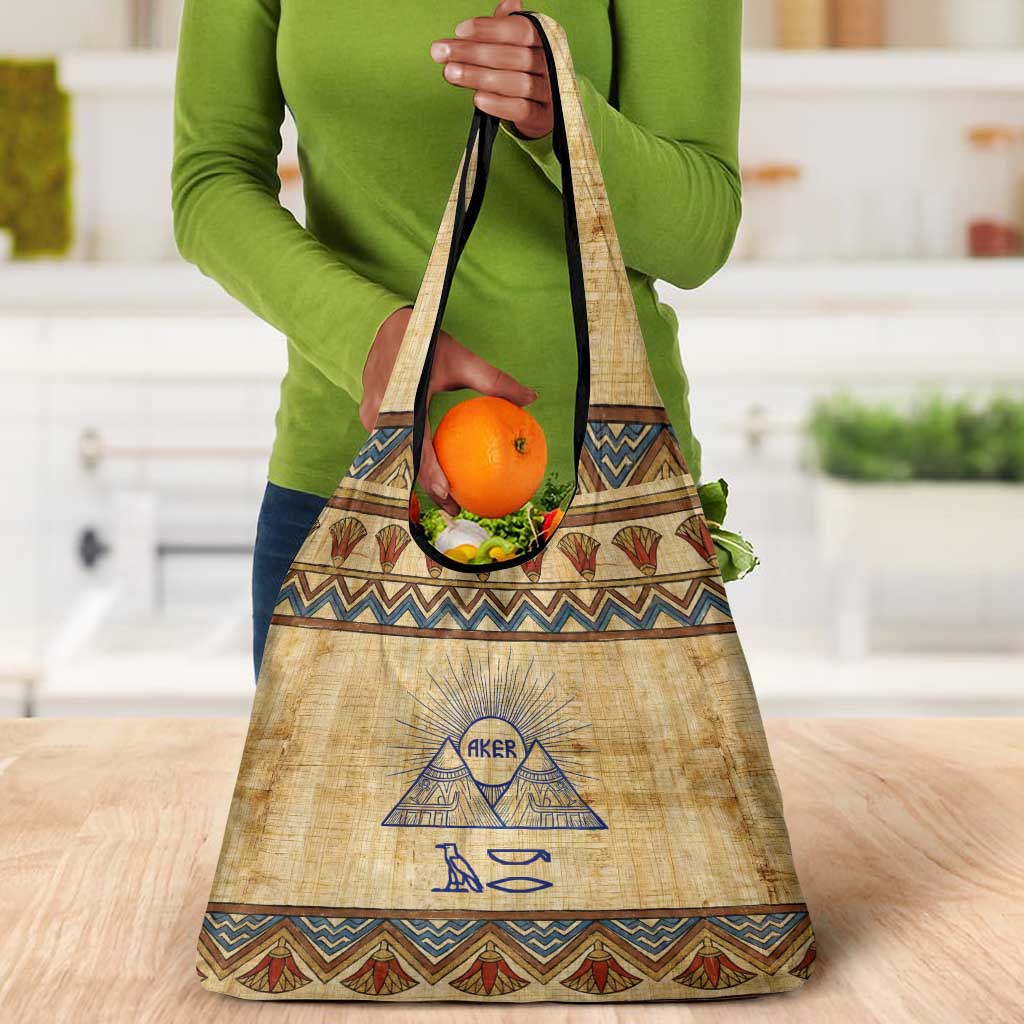 Aker Ancient Egyptian Grocery Bag with Hieroglyphic Pattern, Pyramid Symbol, and Twin Lion Guardians Motif - African Pride