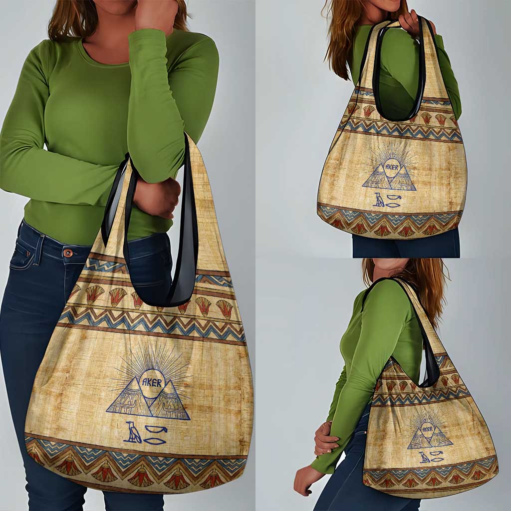 Aker Ancient Egyptian Grocery Bag with Hieroglyphic Pattern, Pyramid Symbol, and Twin Lion Guardians Motif - African Pride
