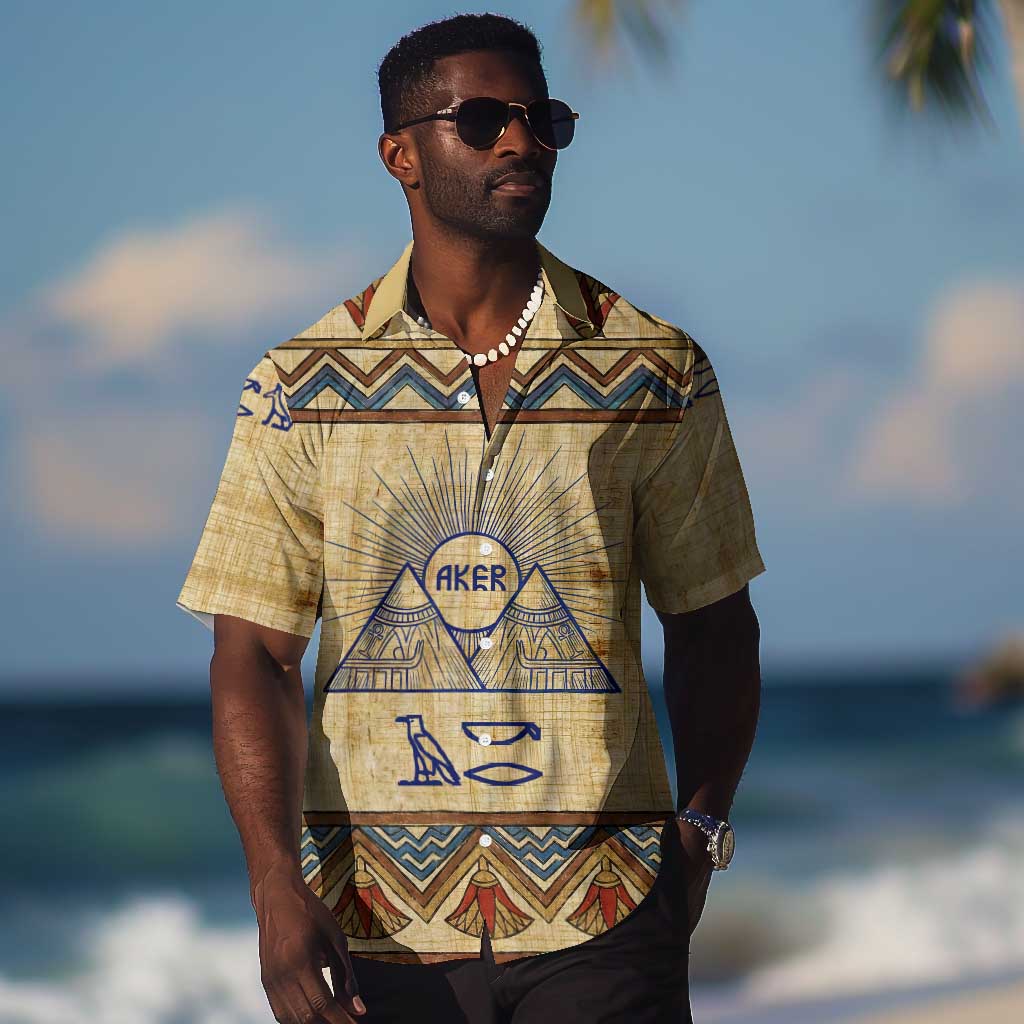 Aker Ancient Egyptian Hawaiian Shirt with Hieroglyphic Pattern, Pyramid Symbol, and Twin Lion Guardians Motif - African Pride