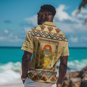 Aker Ancient Egyptian Hawaiian Shirt with Hieroglyphic Pattern, Pyramid Symbol, and Twin Lion Guardians Motif - African Pride