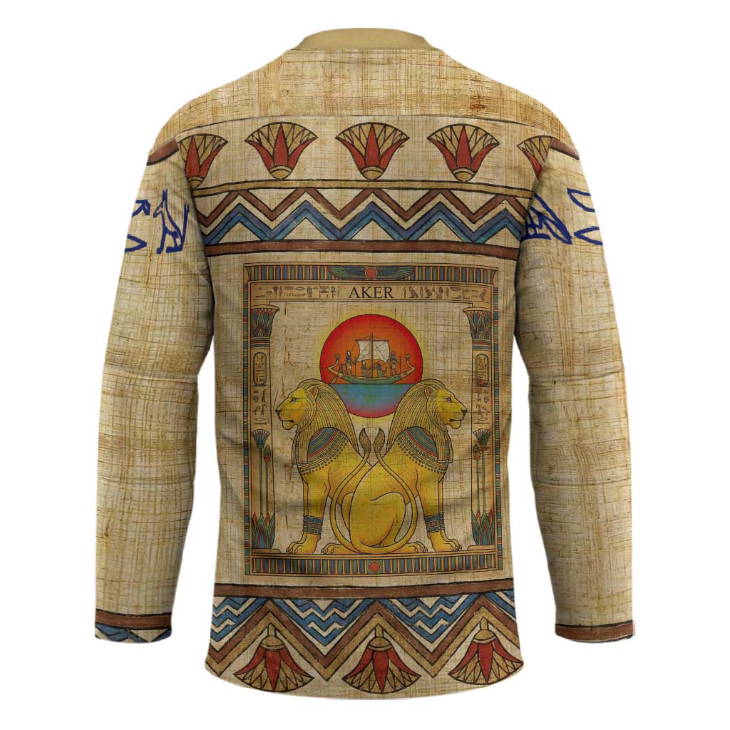 Aker Ancient Egyptian Hockey Jersey with Hieroglyphic Pattern, Pyramid Symbol, and Twin Lion Guardians Motif - African Pride