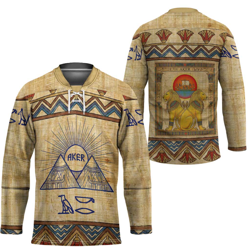 Aker Ancient Egyptian Hockey Jersey with Hieroglyphic Pattern, Pyramid Symbol, and Twin Lion Guardians Motif - African Pride