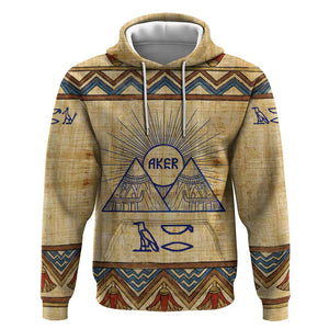 Aker Ancient Egyptian Hoodie with Hieroglyphic Pattern, Pyramid Symbol, and Twin Lion Guardians Motif - African Pride