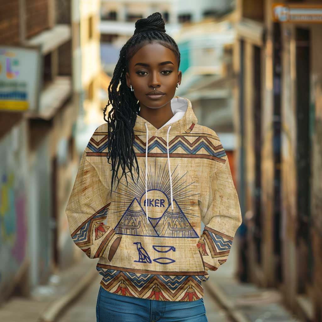 Aker Ancient Egyptian Hoodie with Hieroglyphic Pattern, Pyramid Symbol, and Twin Lion Guardians Motif - African Pride