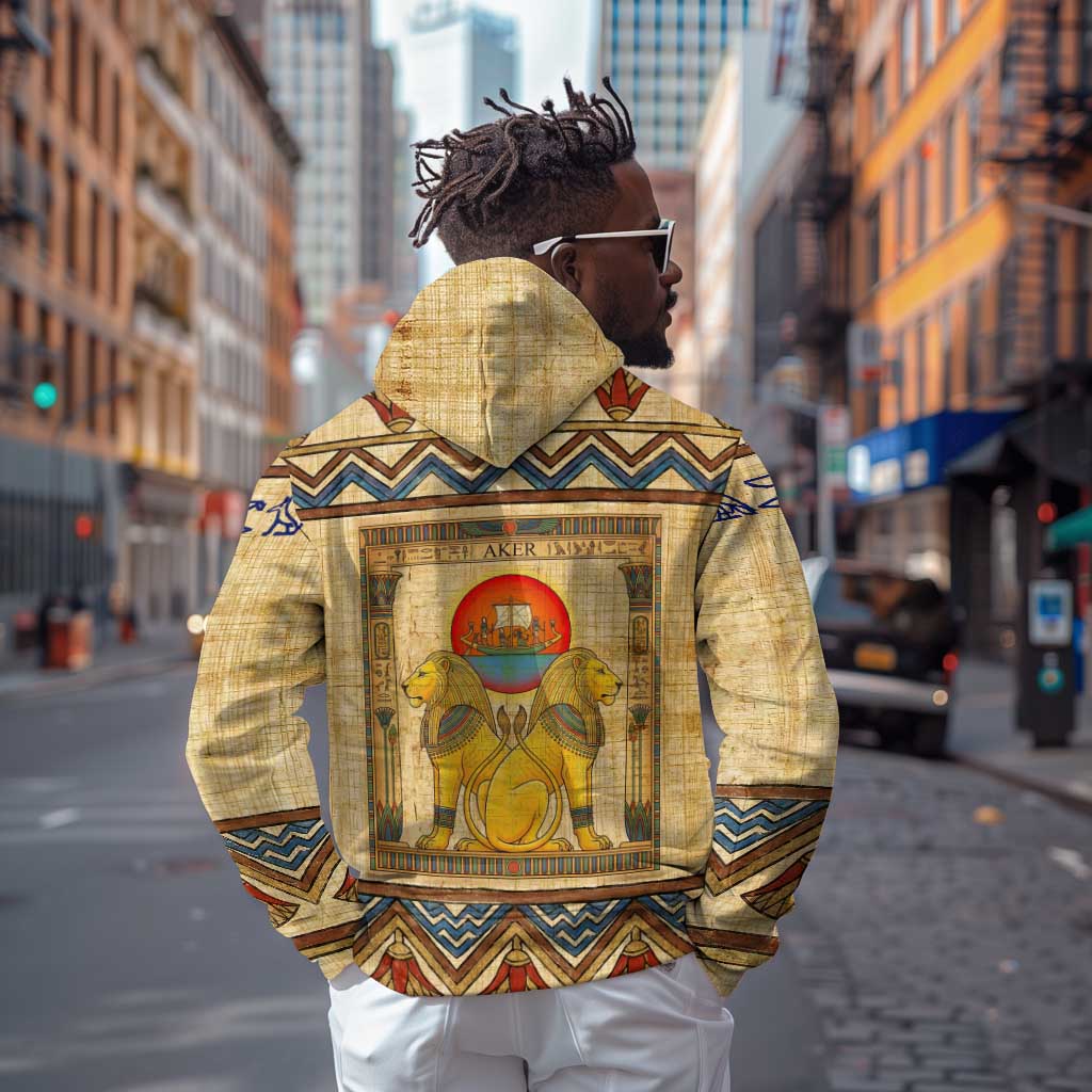 Aker Ancient Egyptian Hoodie with Hieroglyphic Pattern, Pyramid Symbol, and Twin Lion Guardians Motif - African Pride