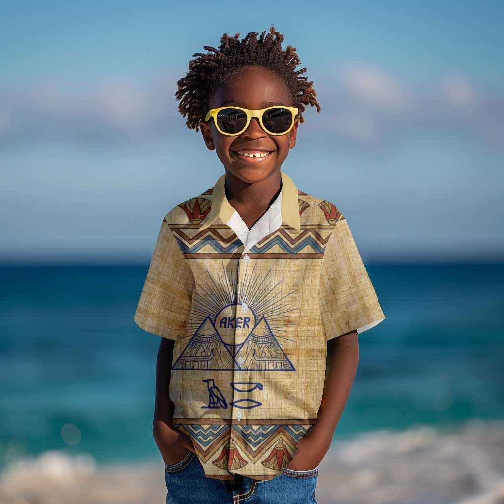Aker Ancient Egyptian Kid Hawaiian Shirt with Hieroglyphic Pattern, Pyramid Symbol, and Twin Lion Guardians Motif - African Pride