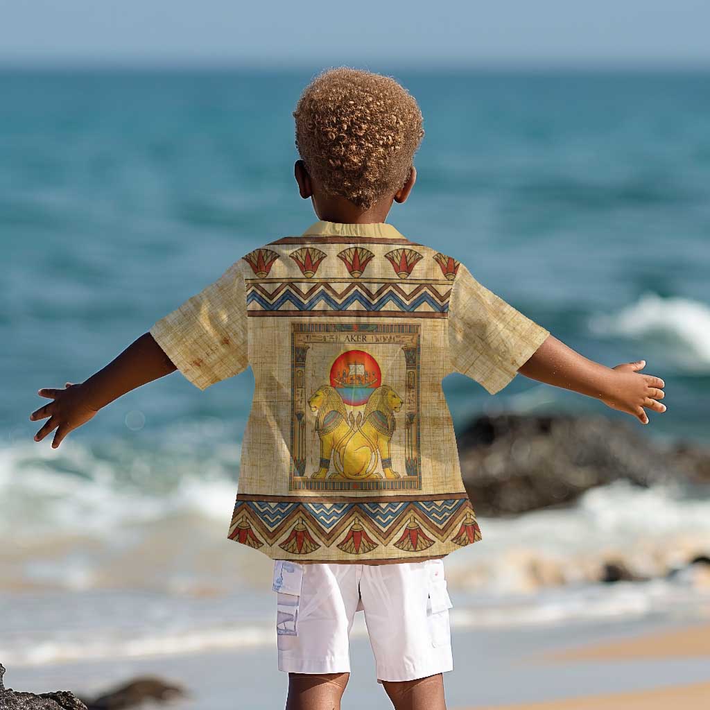 Aker Ancient Egyptian Kid Hawaiian Shirt with Hieroglyphic Pattern, Pyramid Symbol, and Twin Lion Guardians Motif - African Pride