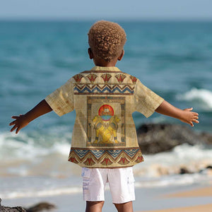 Aker Ancient Egyptian Kid Hawaiian Shirt with Hieroglyphic Pattern, Pyramid Symbol, and Twin Lion Guardians Motif - African Pride