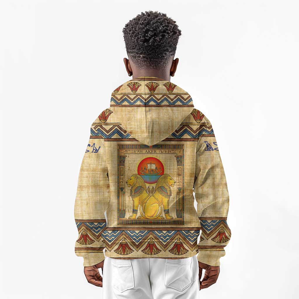 Aker Ancient Egyptian Kid Hoodie with Hieroglyphic Pattern, Pyramid Symbol, and Twin Lion Guardians Motif - African Pride