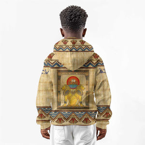 Aker Ancient Egyptian Kid Hoodie with Hieroglyphic Pattern, Pyramid Symbol, and Twin Lion Guardians Motif - African Pride