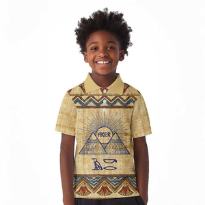 Aker Ancient Egyptian Kid Polo Shirt with Hieroglyphic Pattern, Pyramid Symbol, and Twin Lion Guardians Motif - African Pride