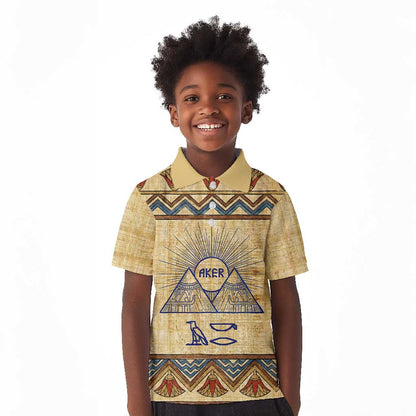 Aker Ancient Egyptian Kid Polo Shirt with Hieroglyphic Pattern, Pyramid Symbol, and Twin Lion Guardians Motif - African Pride