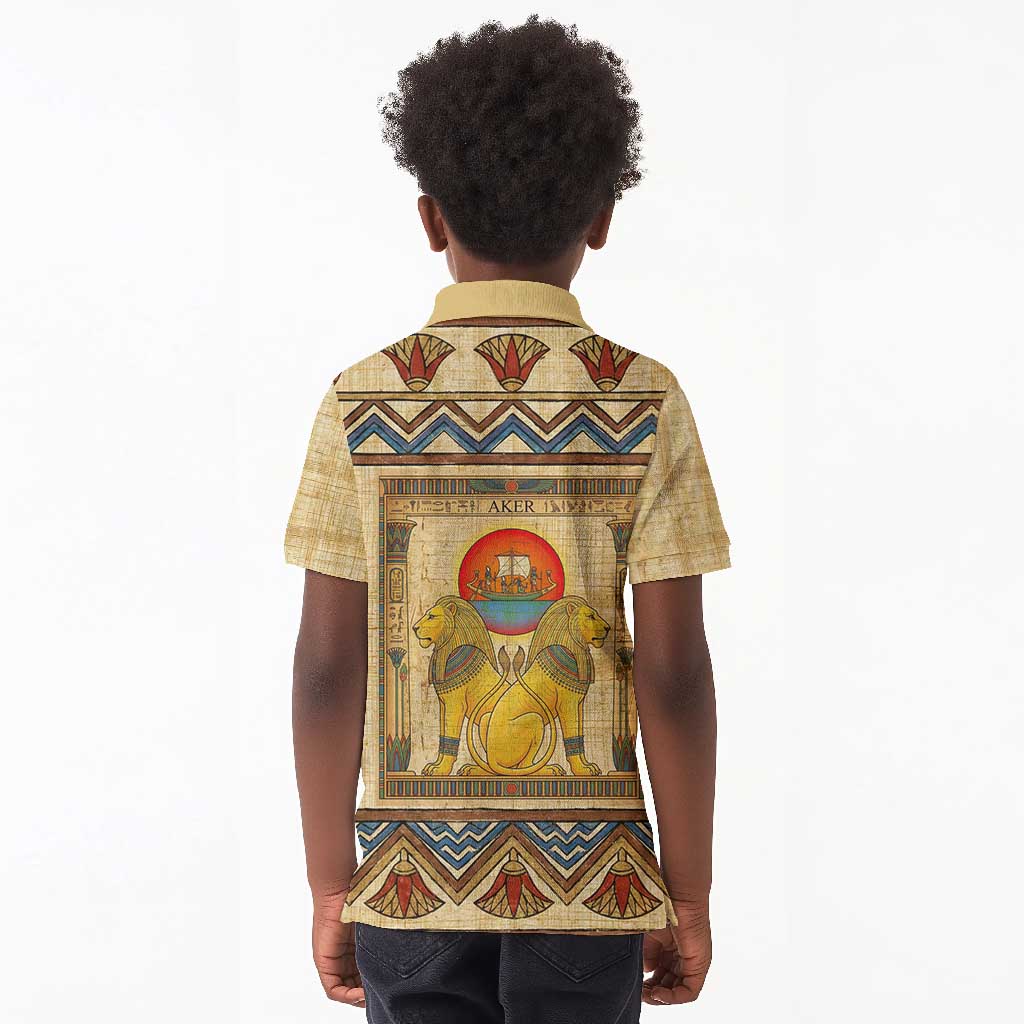 Aker Ancient Egyptian Kid Polo Shirt with Hieroglyphic Pattern, Pyramid Symbol, and Twin Lion Guardians Motif - African Pride