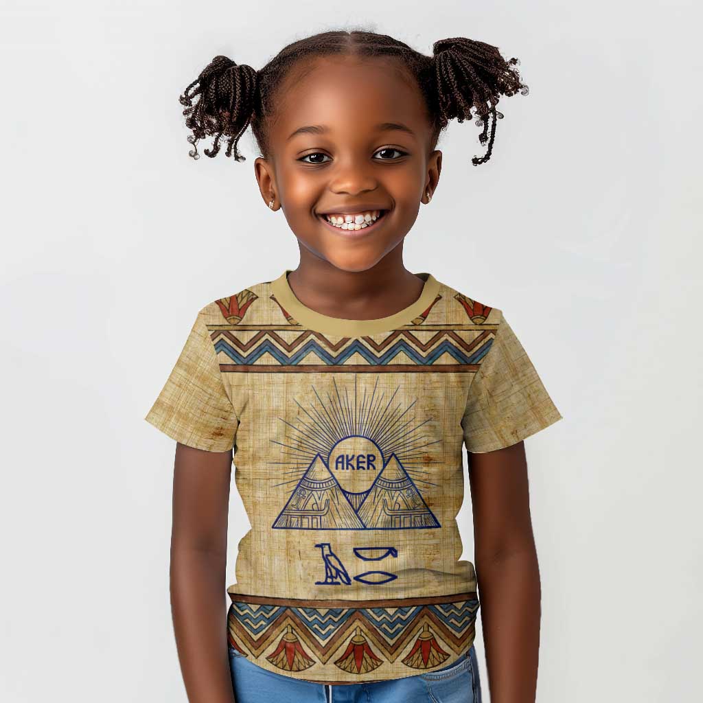 Aker Ancient Egyptian Kid T shirt with Hieroglyphic Pattern, Pyramid Symbol, and Twin Lion Guardians Motif - African Pride